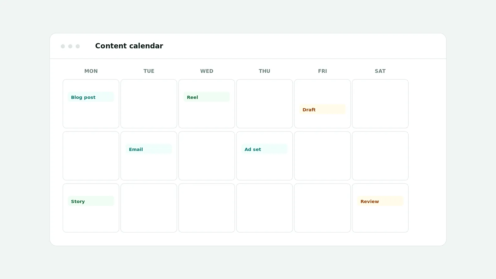 Illustration of a content calendar grid with generic scheduled items such as blog post, email, ad set, and draft chips
