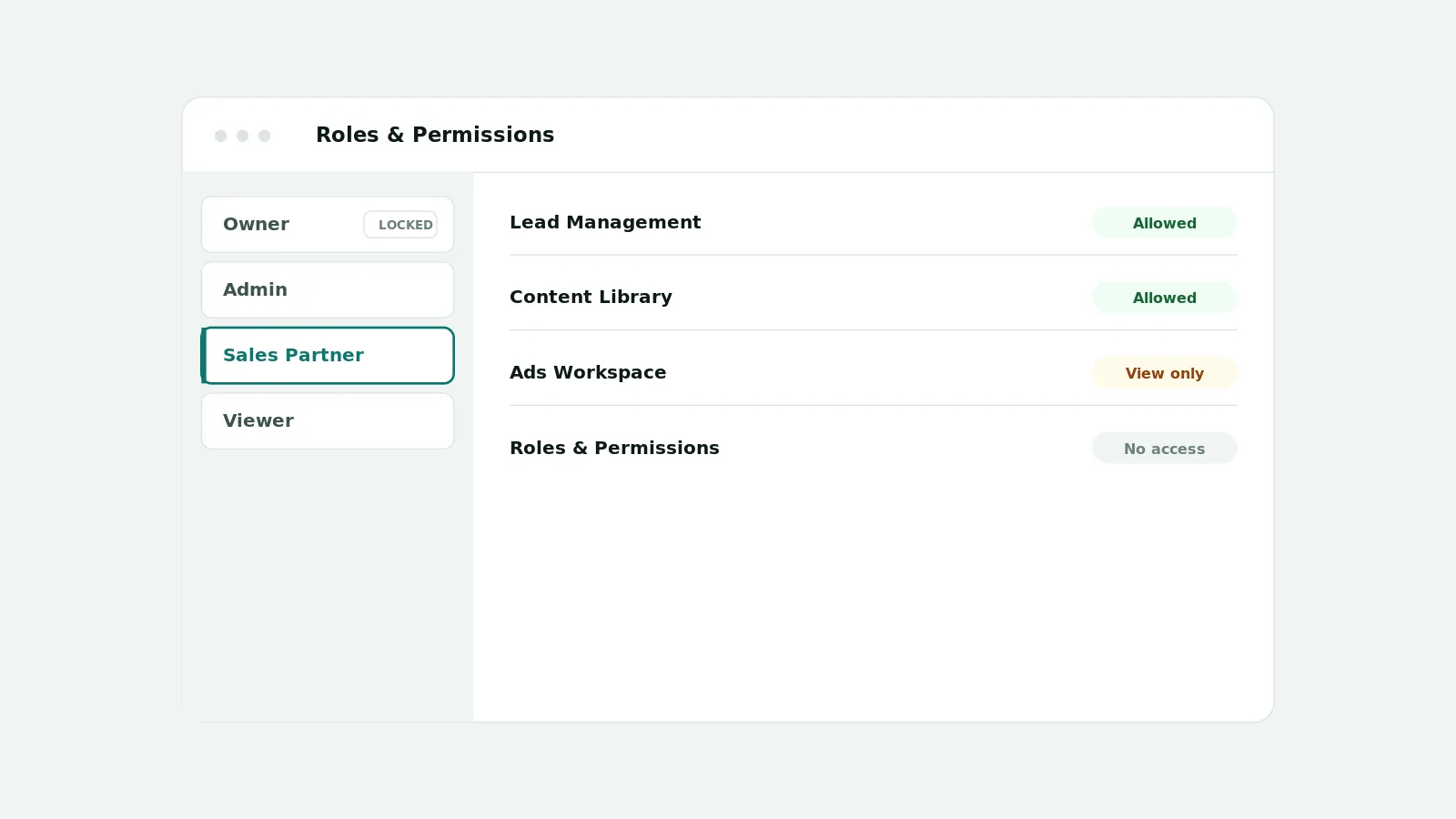 Illustration of a roles and permissions panel with generic roles Owner, Admin, Sales Partner, and Viewer and per-module access states