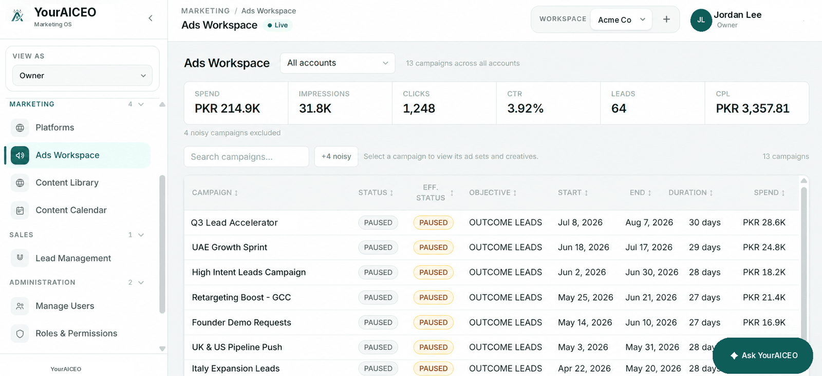 Operate, Ads Workspace, Content Library, Lead Management